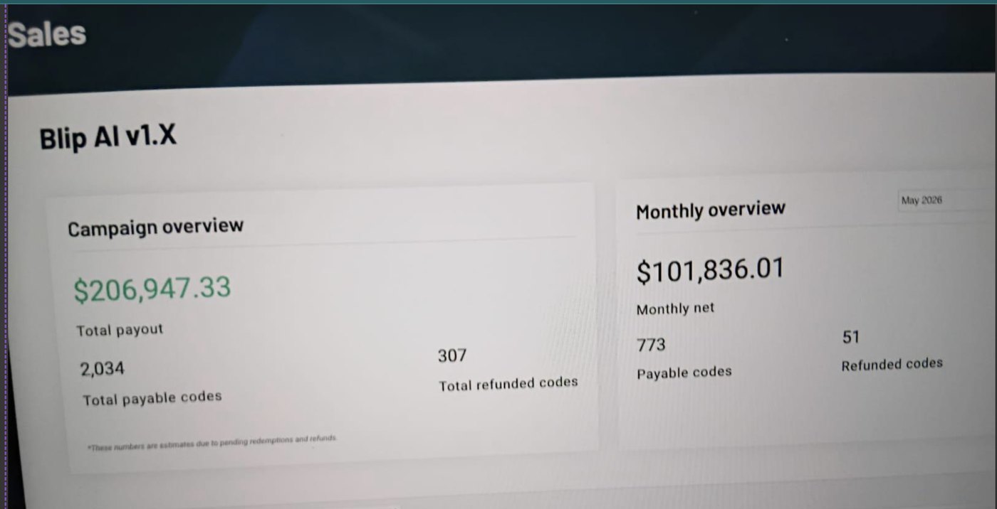 Blip AI sales dashboard showing $206,947.33 total payout, 2,034 total payable codes, 307 total refunded codes, and a May 2026 monthly net of $101,836.01.
